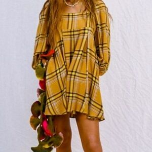 UO Flannel Smocked Minidress NEW Plaid Fall Vibes Urban Outfitters Yellow
